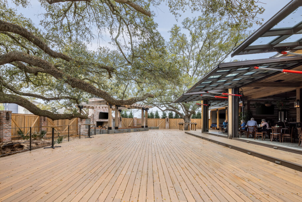 patio design incorporating existing oak trees