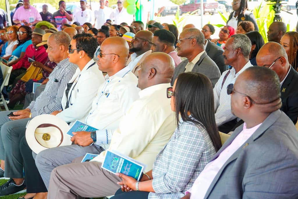 A crowd of people seated at the Clifford Gardiner International Airport renaming ceremony